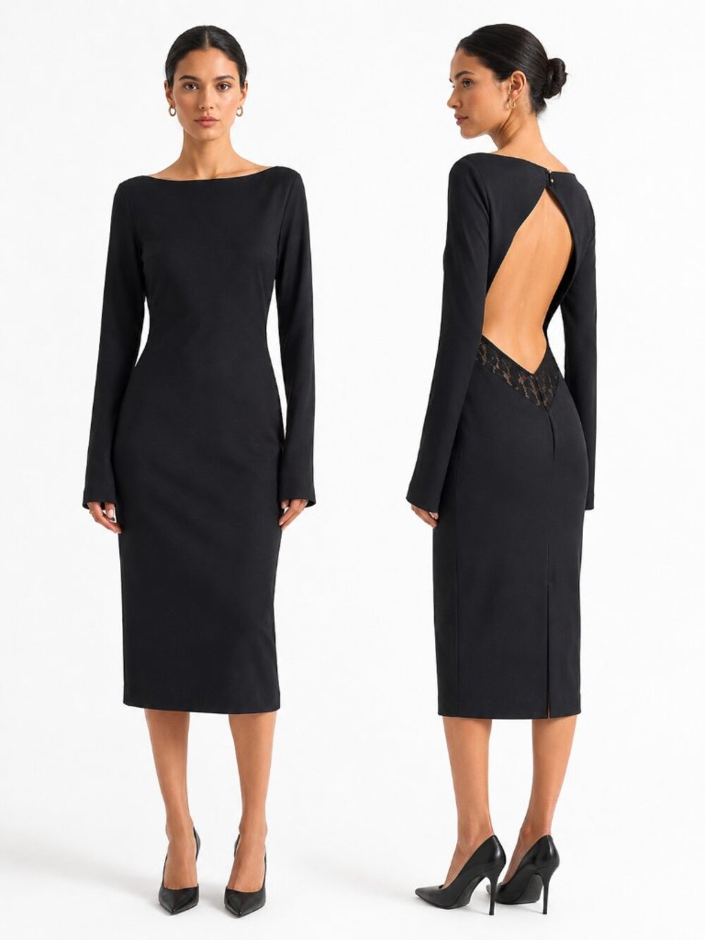 NWT KEVORK KILEDJIAN BLACK STRETCH WOOL LACE DETAIL OPEN BACK LONG SLEEVE DRESS